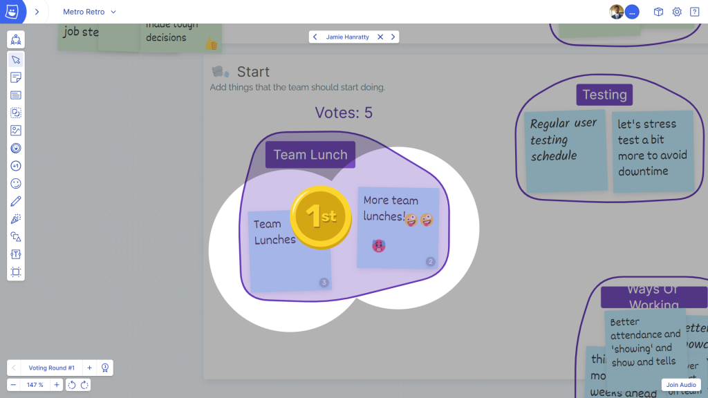 The Voting spotlight feature shows the most voted-for topic on a Metro Retro board