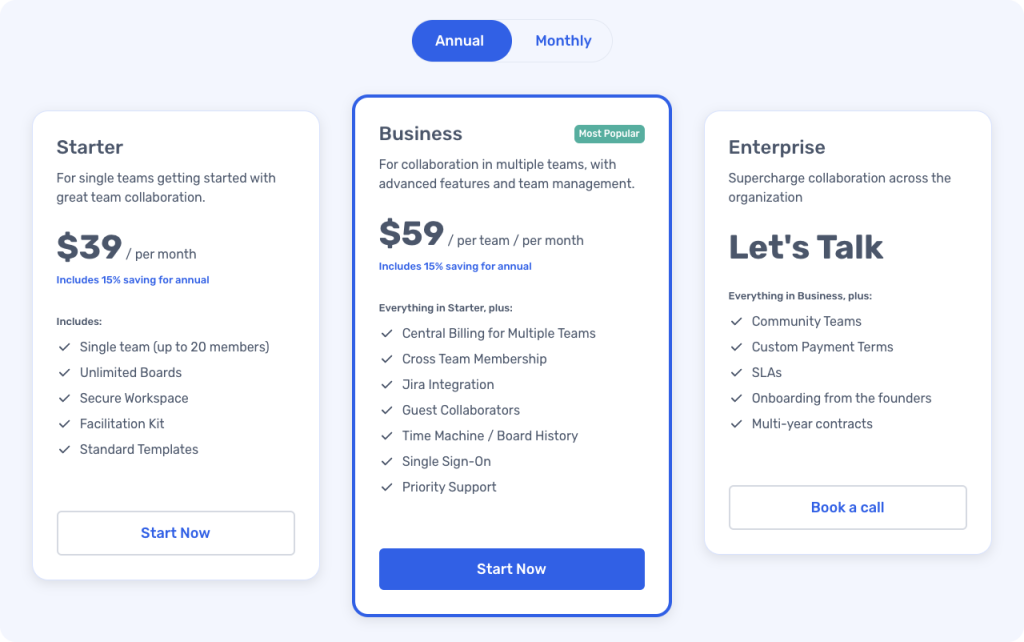 Image of annual plan pricing table from metro retro website pricing page